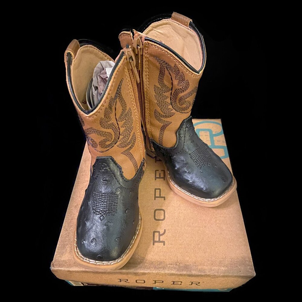 Roper Black Ostrich Print with Tan Square Toe Cowboy Boots